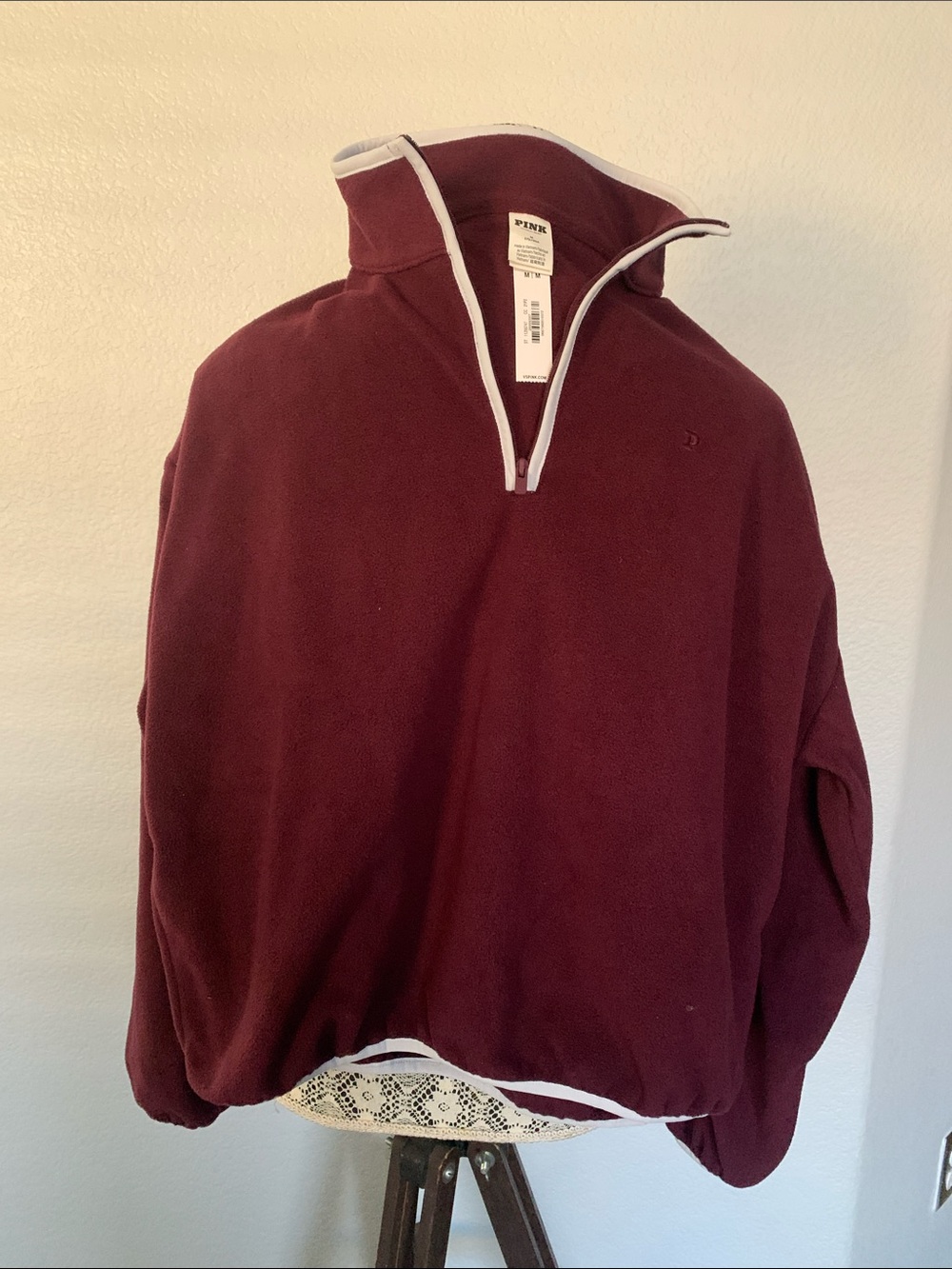 PINK Victoria's Secret Men's Half-Zip Pullover - Burgundy with White Trim